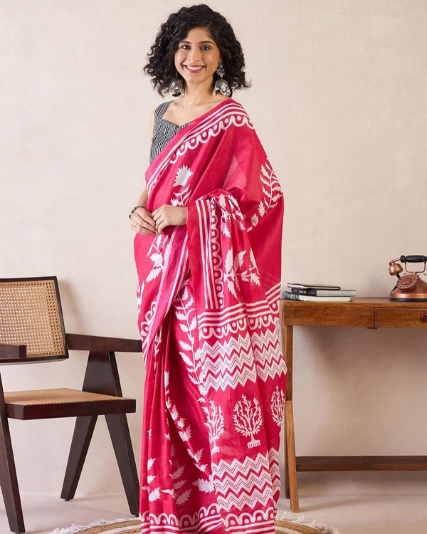 Pink Color Mulmul Cotton 1 - Minute Ready to Wear Saree with Pocket and Blouse Piece