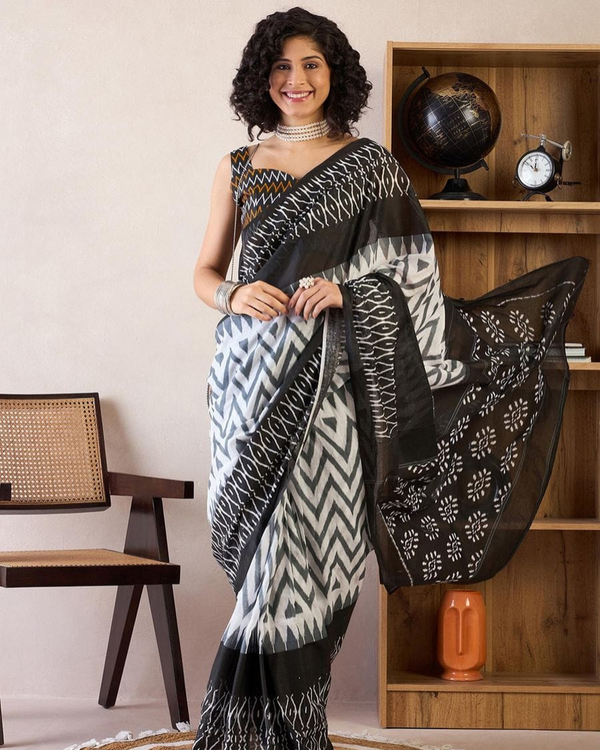 Black And White Color Mulmul Cotton 1 - Minute Ready to Wear Saree with Pocket and Blouse Piece