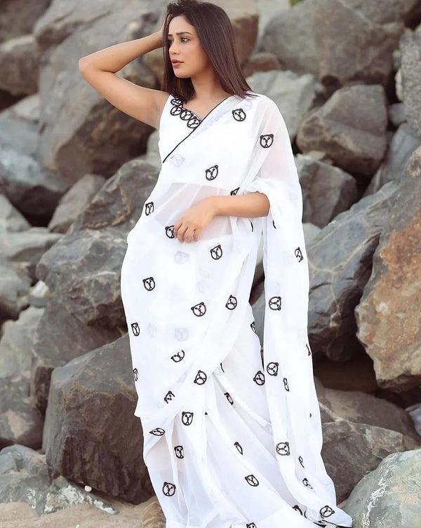 White Color 1-Minute Ready To Wear Georgette Saree With Blouse Piece