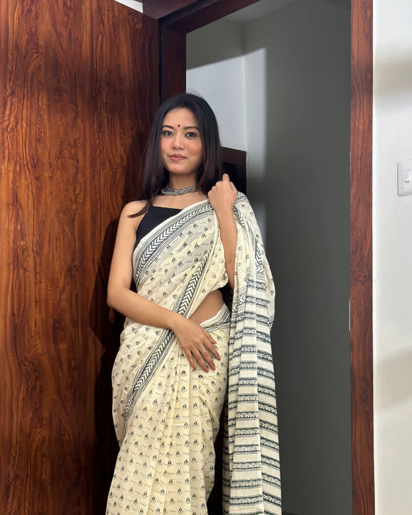 Cream Color 1 - Minute Ready to Wear Mulmul Cotton Saree with Blouse Piece