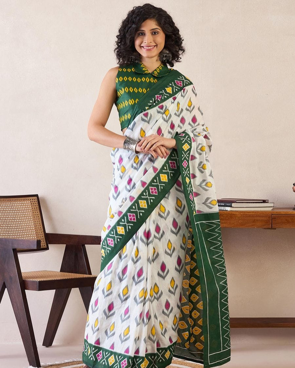 White And Green Color Mulmul Cotton 1 - Minute Ready to Wear Saree with Pocket and Blouse Piece