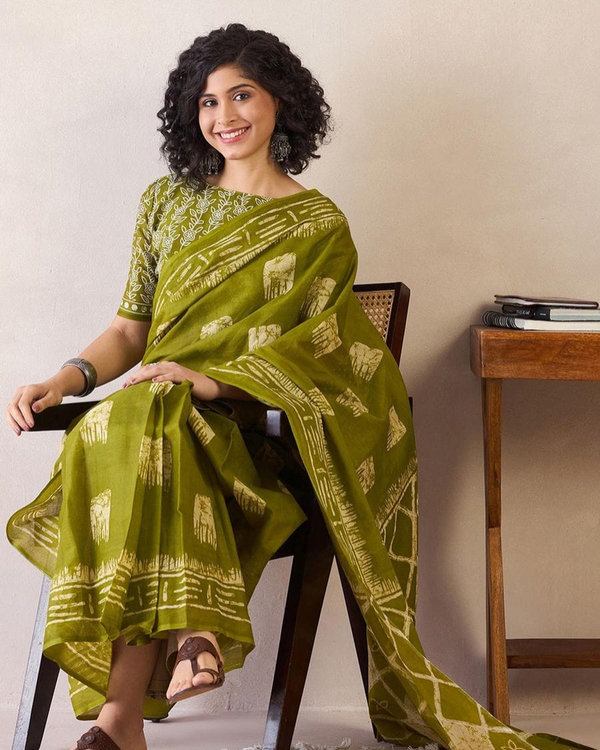 Green Color Mulmul Cotton 1 - Minute Ready to Wear Saree with Pocket and Blouse Piece