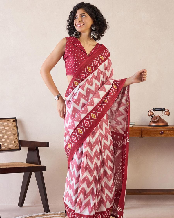 White And Pink Color Mulmul Cotton 1 - Minute Ready to Wear Saree with Pocket and Blouse Piece