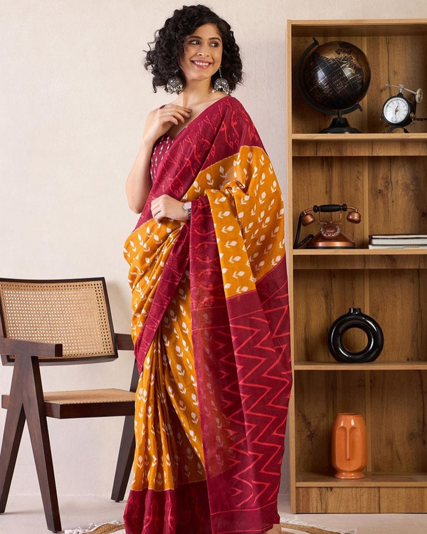 Yellow And Red Color Mulmul Cotton 1 - Minute Ready to Wear Saree with Pocket and Blouse Piece