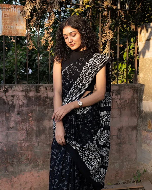 Black Color 1 - Minute Ready to Wear Mulmul Cotton Saree with Blouse Piece