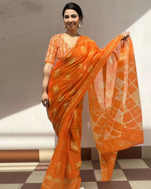 Orange Color Mulmul Cotton 1 - Minute Ready to Wear Saree with Pocket and Blouse Piece
