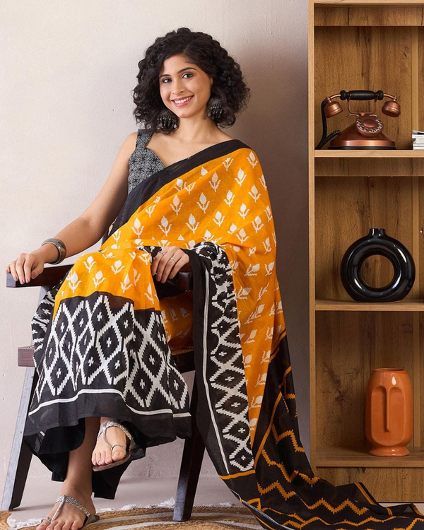 Yellow And Black Color Mulmul Cotton 1 - Minute Ready to Wear Saree with Pocket and Blouse Piece