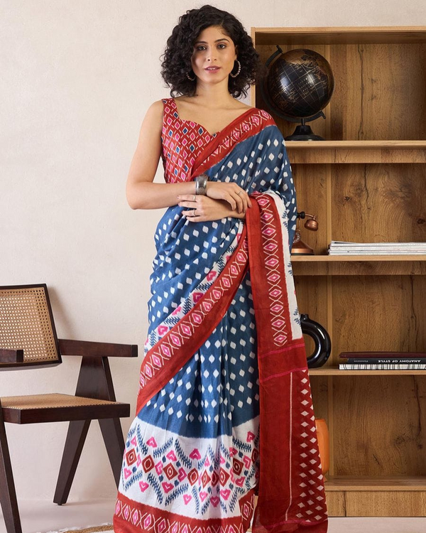 Blue And Red Color Mulmul Cotton 1 - Minute Ready to Wear Saree with Pocket and Blouse Piece