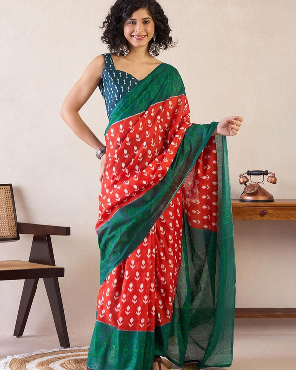 Red And Green Color Mulmul Cotton 1 - Minute Ready to Wear Saree with Pocket and Blouse Piece
