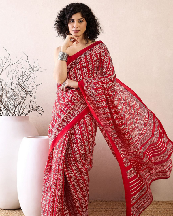 Red Color 1 - Minute Ready to Wear Mulmul Cotton Saree with Blouse Piece