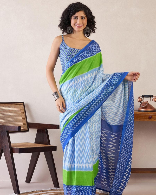 Blue Color Mulmul Cotton 1 - Minute Ready to Wear Saree with Pocket and Blouse Piece