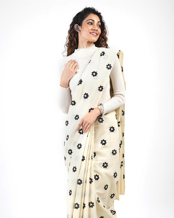 Cream Color 1 - Minute Ready to Wear Mulmul Cotton Saree with Blouse Piece