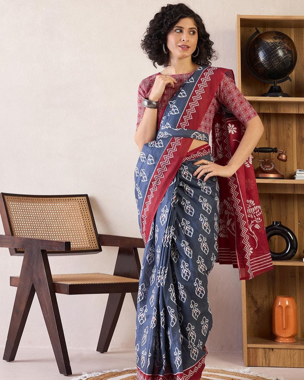 Blue And Maroon Color Mulmul Cotton 1 - Minute Ready to Wear Saree with Pocket and Blouse Piece