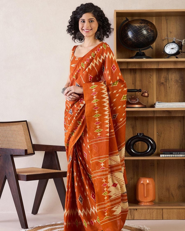 Saffron Color Mulmul Cotton 1 - Minute Ready to Wear Saree with Pocket and Blouse Piece