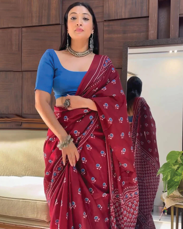 Maroon Color 1 - Minute Ready to Wear Mulmul Cotton Saree with Blouse Piece