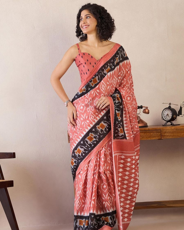 Peach Color Mulmul Cotton 1 - Minute Ready to Wear Saree with Pocket and Blouse Piece