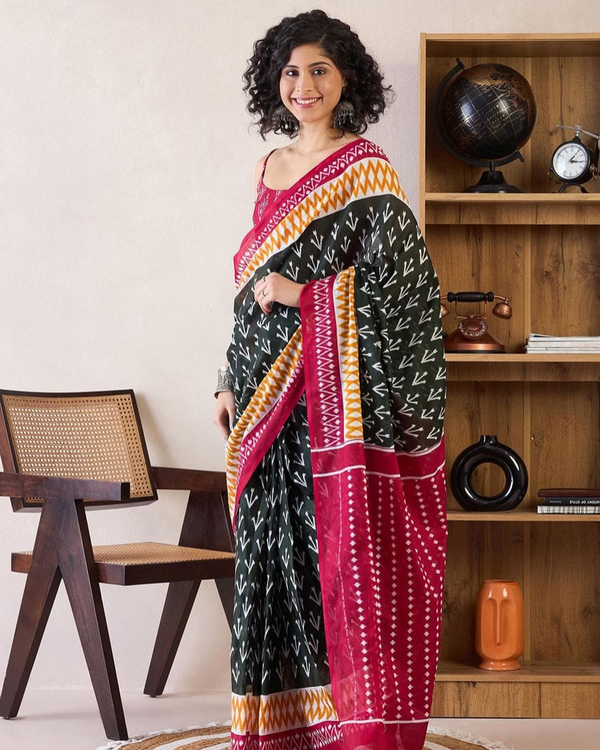 Black Color Mulmul Cotton 1 - Minute Ready to Wear Saree with Pocket and Blouse Piece