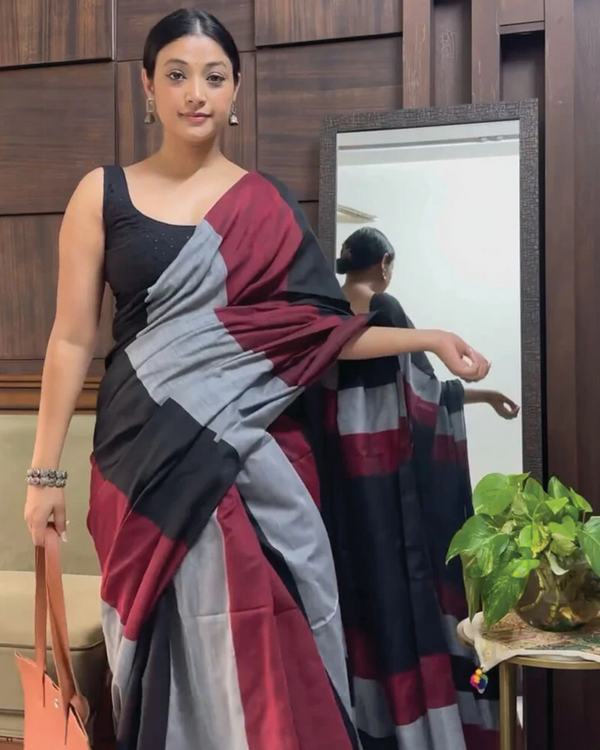 Grey and Maroon Color 1 - Minute Ready to Wear Mulmul Cotton Saree with Blouse Piece