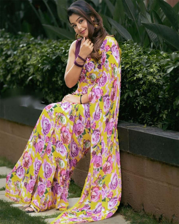Yellow Color 1-Minute Ready To Wear Georgette Saree With Blouse Piece