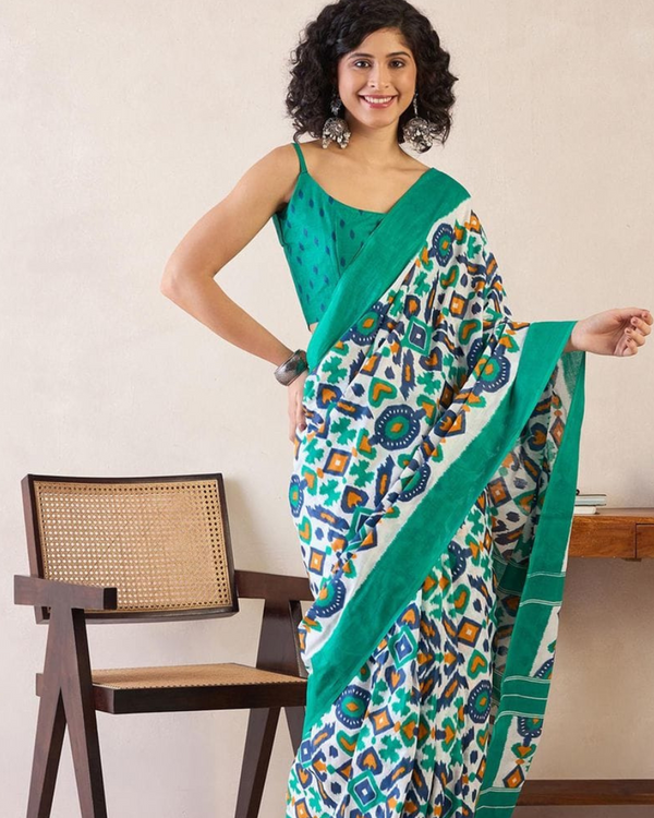 Bottle Blue Color Mulmul Cotton 1 - Minute Ready to Wear Saree with Pocket and Blouse Piece