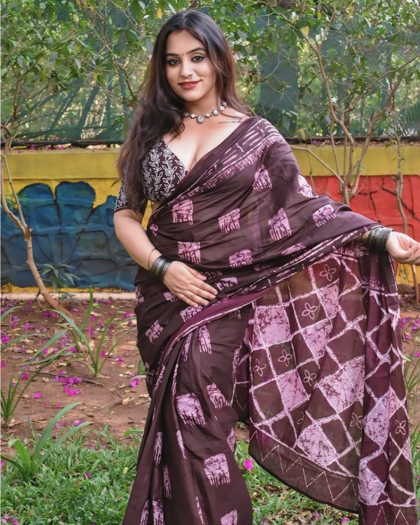 Maroon Color Mulmul Cotton 1 - Minute Ready to Wear Saree with Pocket and Blouse Piece