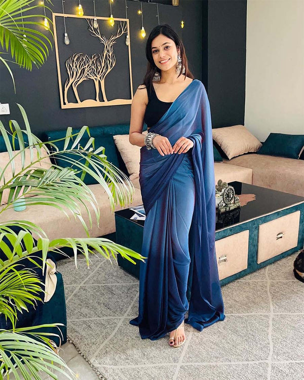 Rama Color 1-Minute Ready To Wear Naylon Saree With Blouse Piece
