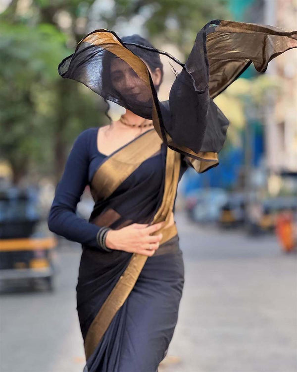 Black Color 1-Minute Ready To Wear Georgette Saree With Blouse Piece