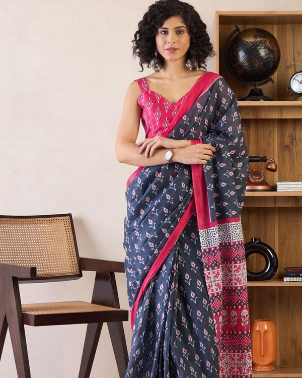 Blue And Pink Color Mulmul Cotton 1 - Minute Ready to Wear Saree with Pocket and Blouse Piece