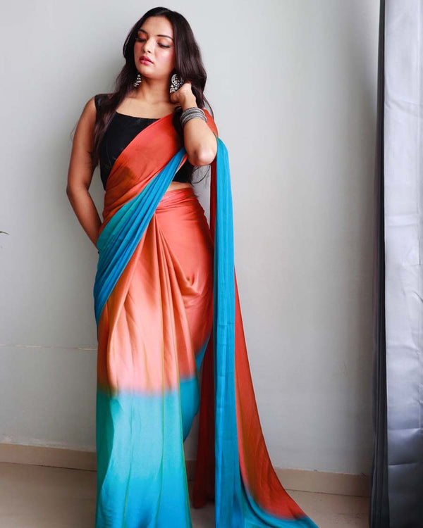 Maroon And Blue Color 1-Minute Ready To Wear Naylon Saree With Blouse Piece