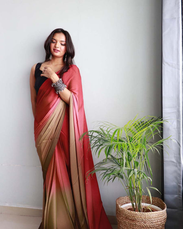 Red And Brown Color 1-Minute Ready To Wear Naylon Saree With Blouse Piece