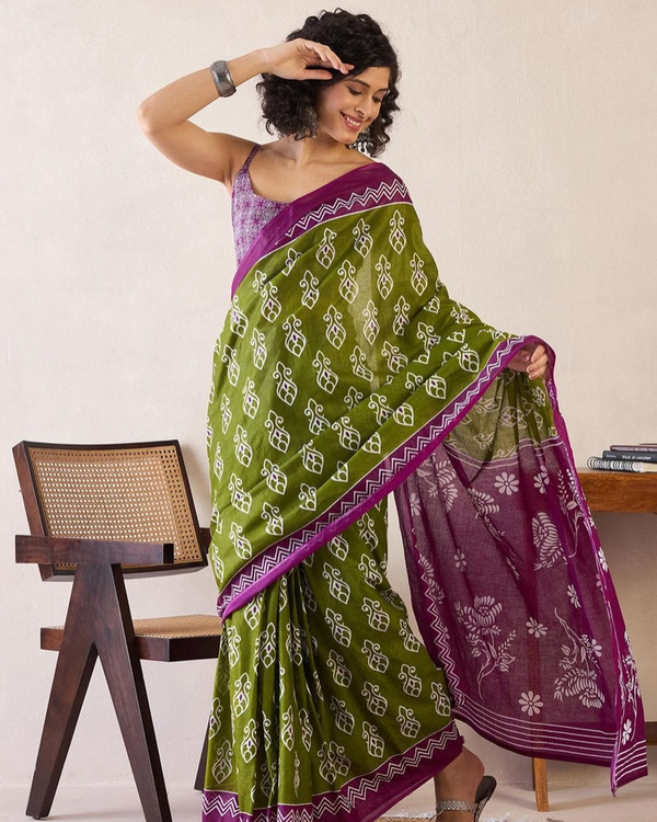 Green And Purple Color Mulmul Cotton 1 - Minute Ready to Wear Saree with Pocket and Blouse Piece