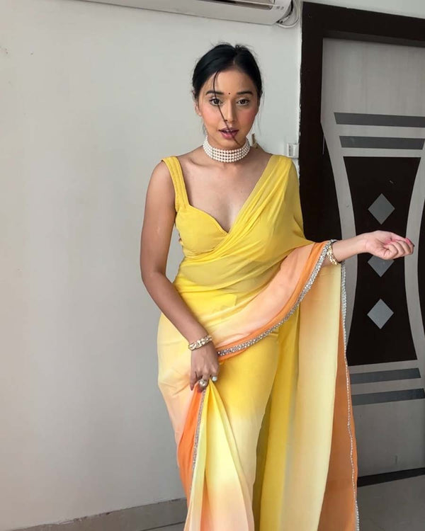 Yellow Color 1-Minute Ready To Wear Georgette Saree With Blouse Piece