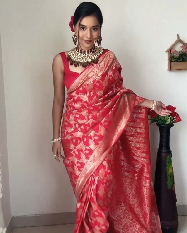 Red Color Ready To Wear Soft Banarasi Silk Saree With Golden Zari Work