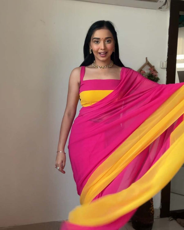 Pink Color 1-Minute Ready To Wear Georgette Saree With Blouse Piece