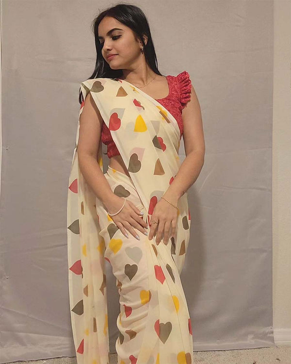 Cream Color 1-Minute Ready To Wear Georgette Saree With Blouse Piece