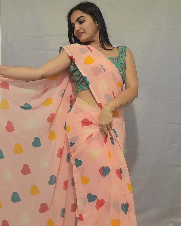 Peach Color 1-Minute Ready To Wear Georgette Saree With Blouse Piece