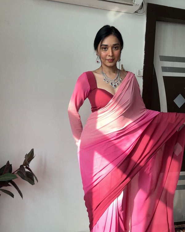 Pink And Marron Color 1-Minute Ready To Wear Georgette Saree With Blouse Piece