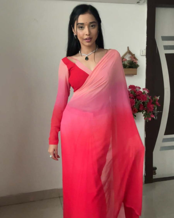 Red Color 1-Minute Ready To Wear Georgette Saree With Blouse Piece