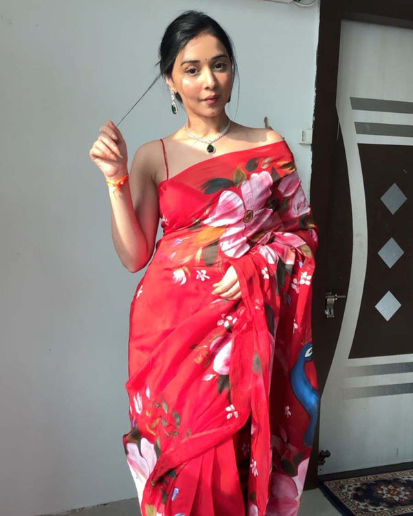 Red Color 1-Minute Ready To Wear Georgette Saree With Blouse Piece