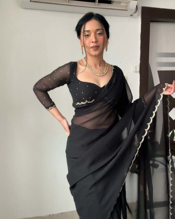 Black Color 1-Minute Ready To Wear Georgette Saree With Stitched Blouse