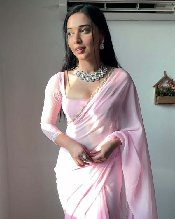 Calm Pink  Color 1-Minute Ready To Wear Georgette Saree With Stitched Blouse