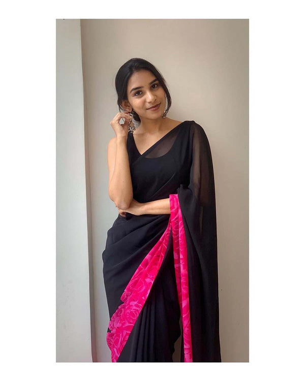 Black Color 1-Minute Ready To Wear Georgette Saree With Blouse Piece
