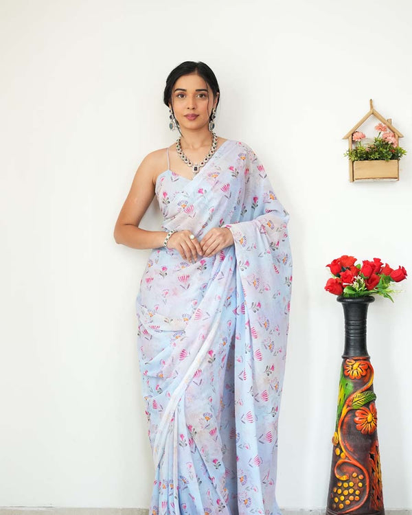 Light Blue Color 1-Minute Ready To Wear Georgette Saree With Blouse Piece