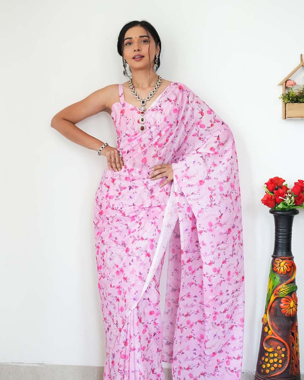 Calm Pink Color 1-Minute Ready To Wear Georgette Saree With Blouse Piece