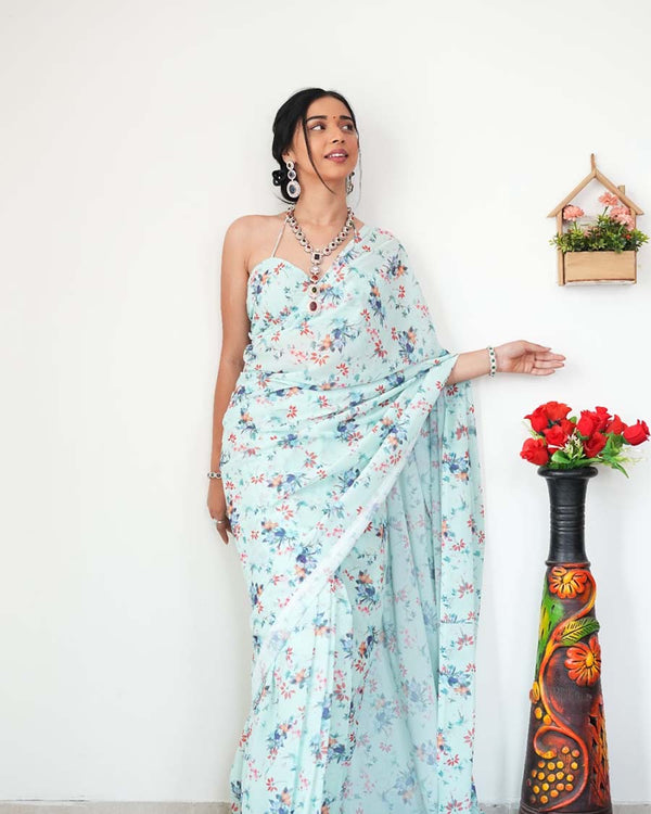 Light Sky Blue Color 1-Minute Ready To Wear Georgette Saree With Blouse Piece