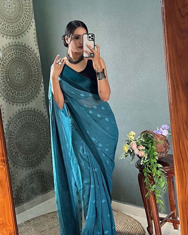 Sky Blue Colour 1-Minute Ready To Wear Georgette Saree With Blouse Piece