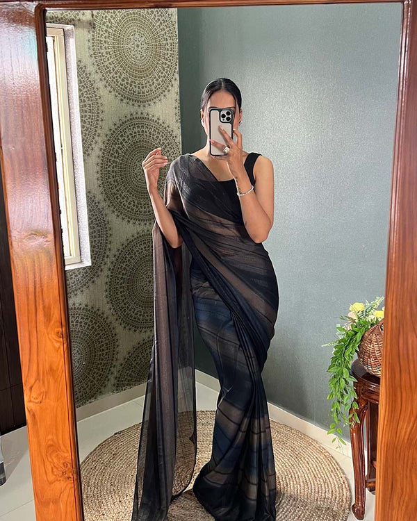 Black Colour 1-Minute Ready To Wear Naylon Saree With Blouse Piece