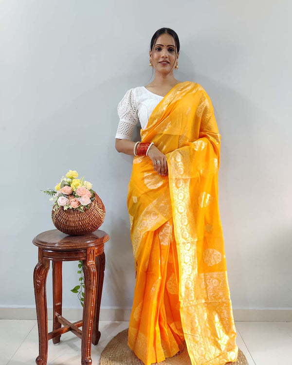 Yellow Color 1-Minute Ready To Wear Georgette Saree With Blouse Piece