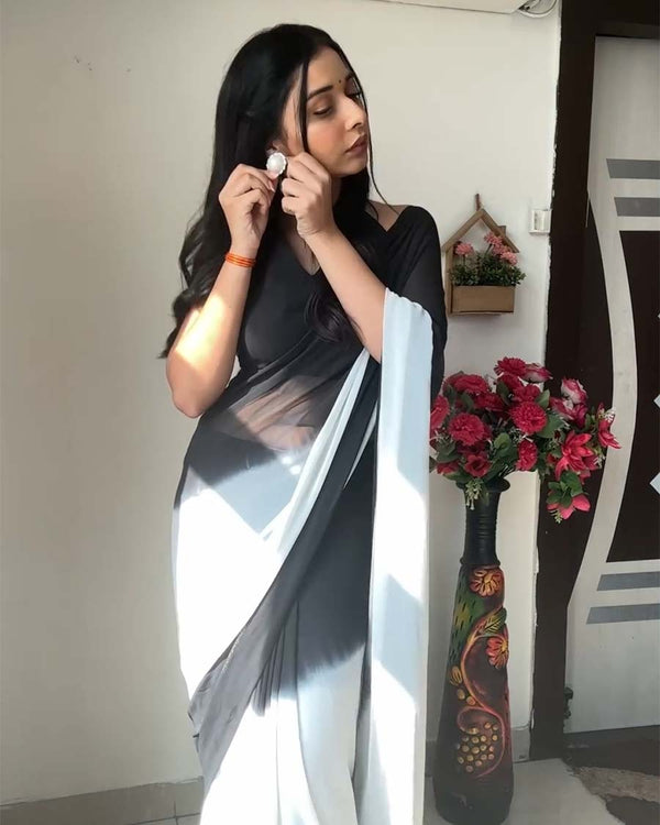 White And Black Color 1-Minute Ready To Wear Georgette Saree With Blouse Piece
