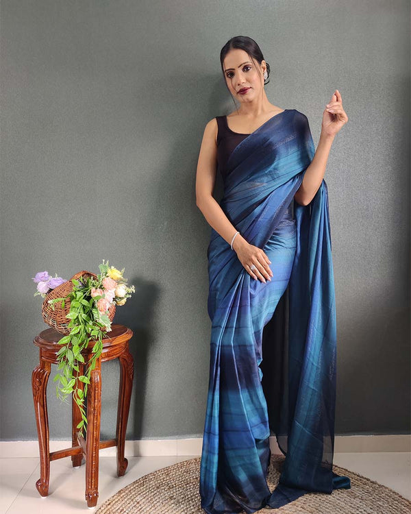 Rama Colour 1-Minute Ready To Wear Naylon Saree With Blouse Piece